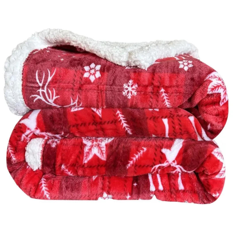 Koc-narzuta bożonarodzeniowa czerwona z białym barankiem w renifery mar - 160x200