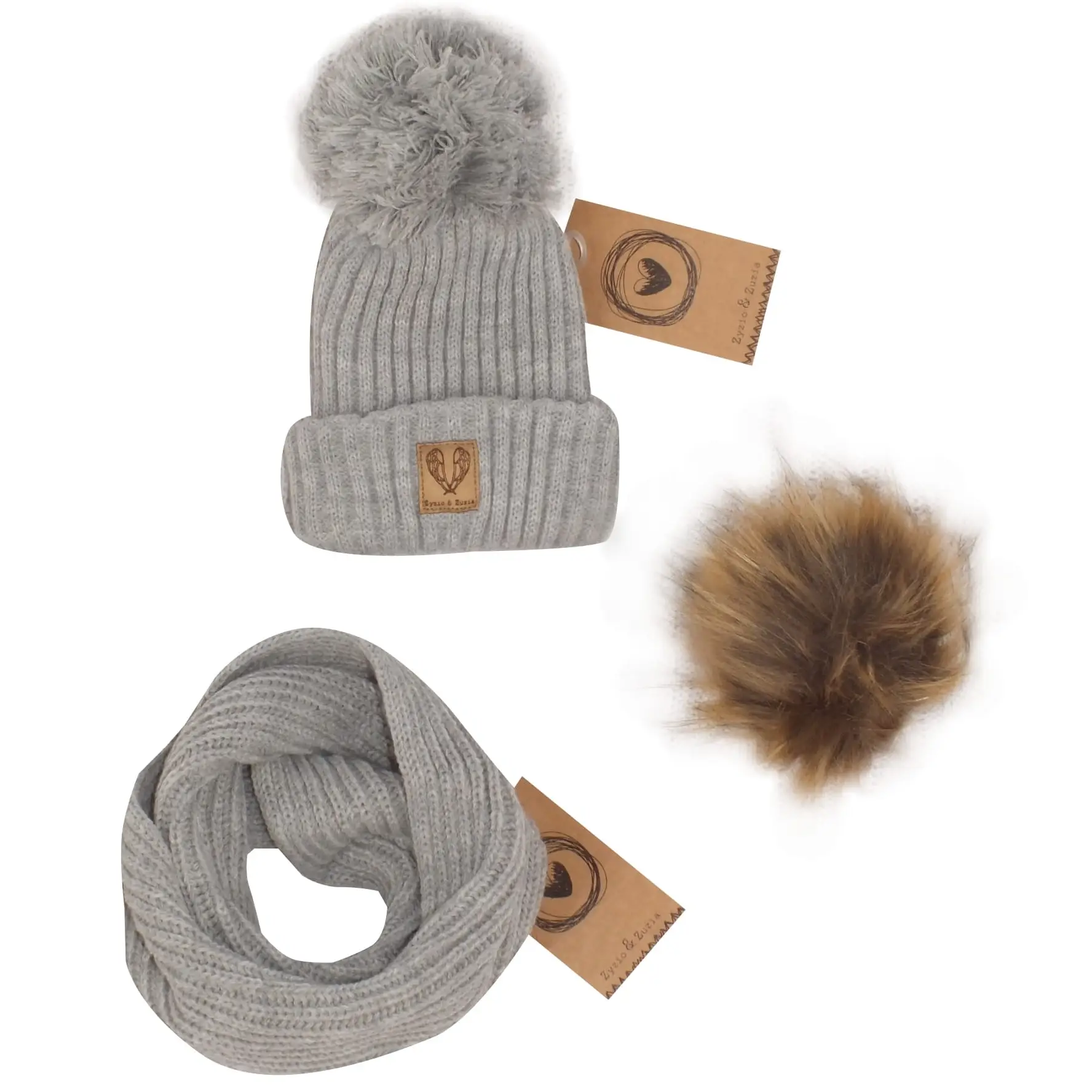 KOMPLET CZAPKA ZIMOWA Z POMPONEM 3W1 + SZALIK SZARY ZZ - 8-18 m-cy