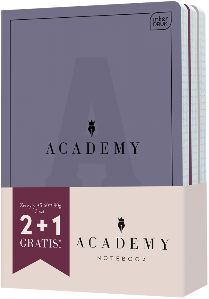 Zeszyt w kratkę Interdruk Academy, A5, 60 kartek, 3 sztuki, mix kolorów