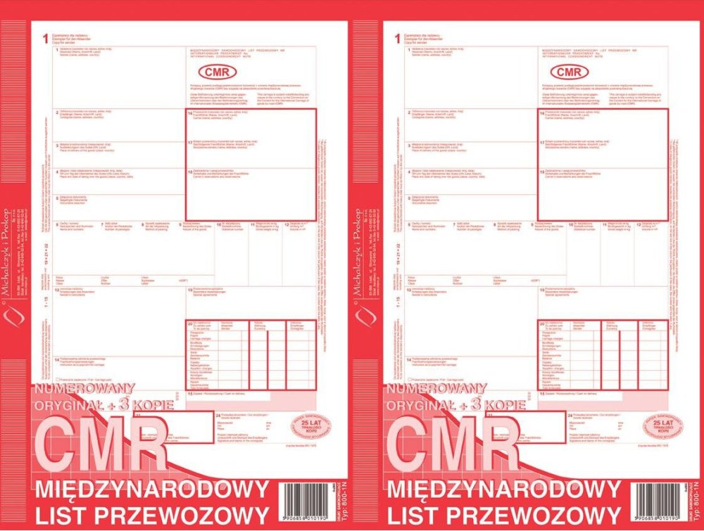 2x Druk akcydensowy CMR Międzynarodowy list przewozowy MP 800-1-N, A4, numerowany, 3 kopie, 80k