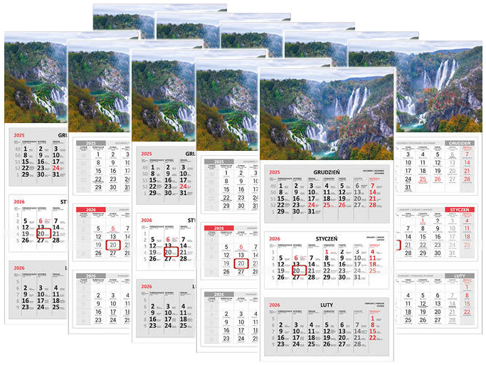 10x Kalendarz ścienny 2026, Udziałowiec, trójdzielny, 310x680mm, wodospad