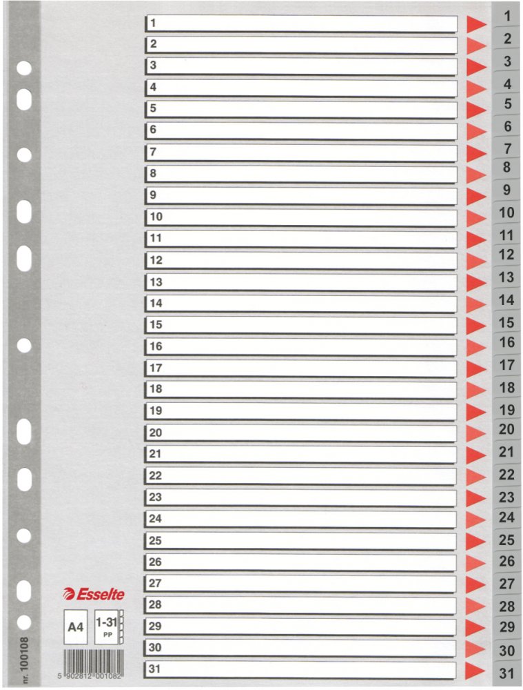 Przekładki do segregatora Esselte, plastikowe, numeryczne, A4, 31 kart, szary