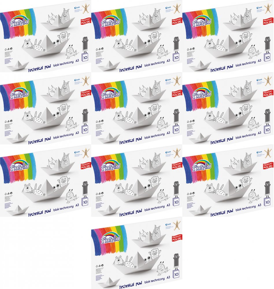 10x Blok techniczny Fiorello, A3, 10 kartek, biały