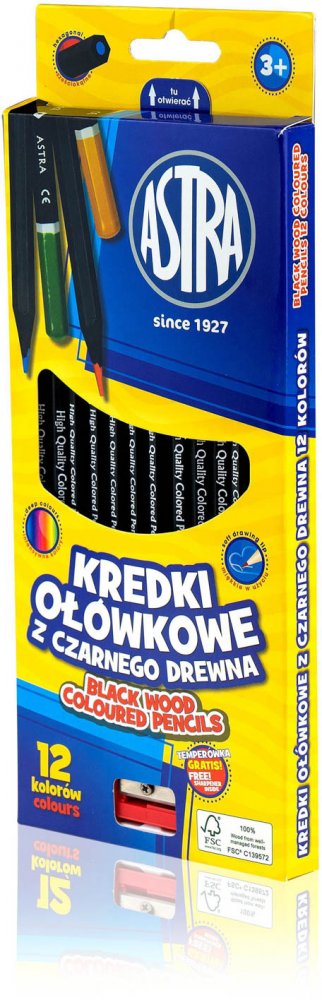 Kredki ołówkowe Astra, heksagonalne, z czarnego drewna, 12 kolorów + temperówka