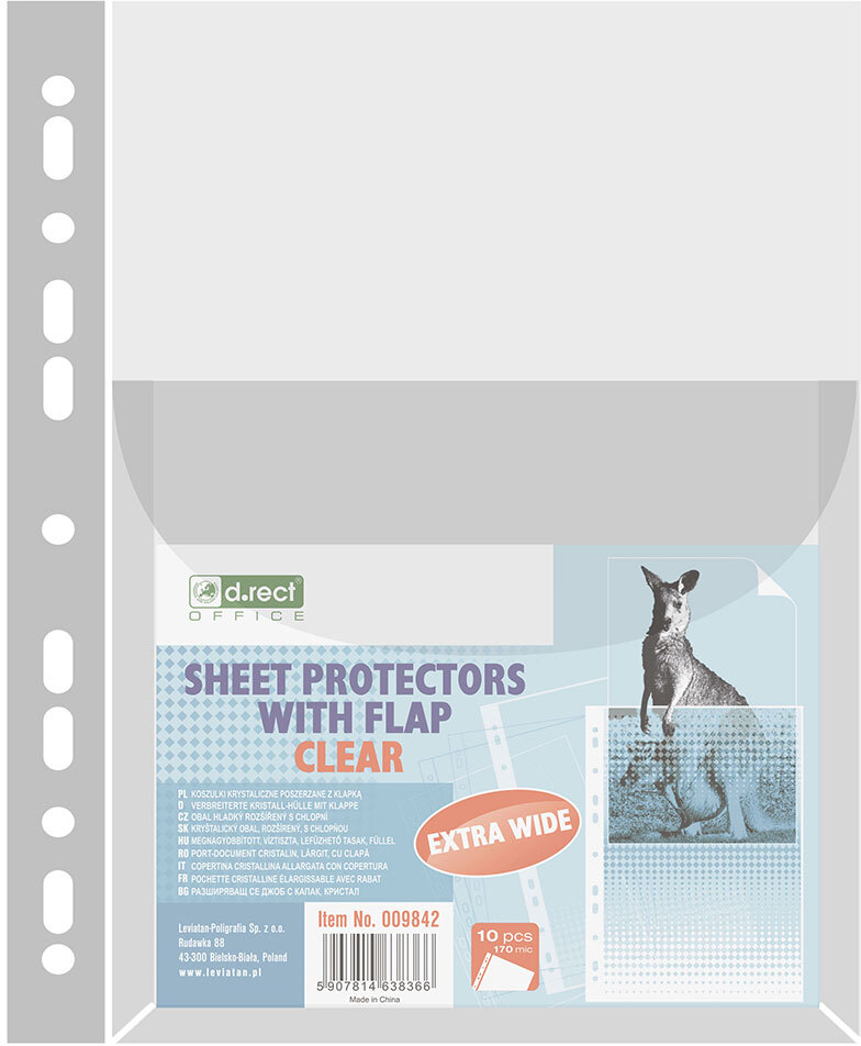 Koszulki krystaliczne D.Rect, poszerzane z klapką, A4, 170μm, 10 sztuk, transparentny