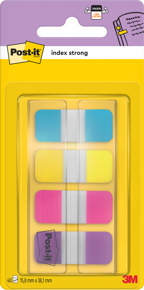 Zakładki samoprzylepne Post-it (676-AYPV), proste, indeksujące, PP, silne, 15.88x38.1mm, 4x10 sztuk, mix kolorów