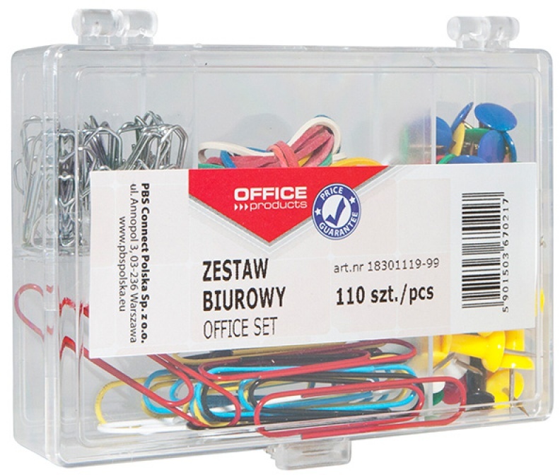 Zestaw biurowy (pinezki, gumki i spinacze) Office Products, 110 sztuk, mix kolorów
