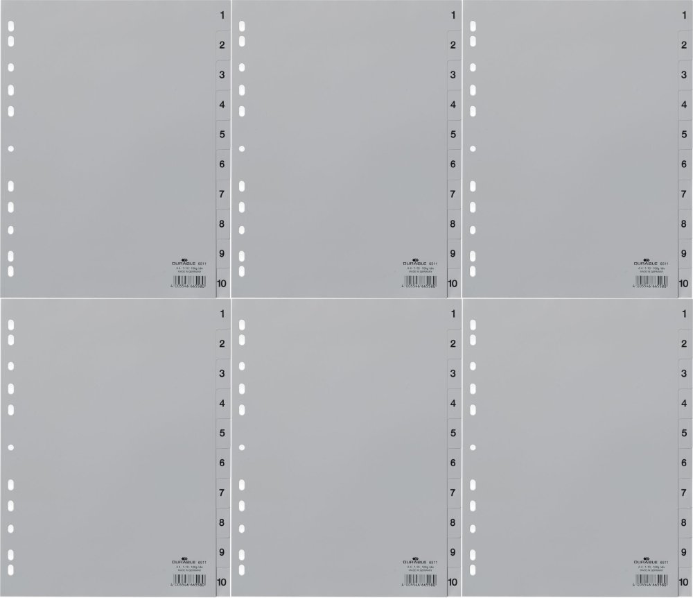 6x Przekładki do segregatora Durable, plastikowe, numeryczne, A4, 1-10 kart, szary