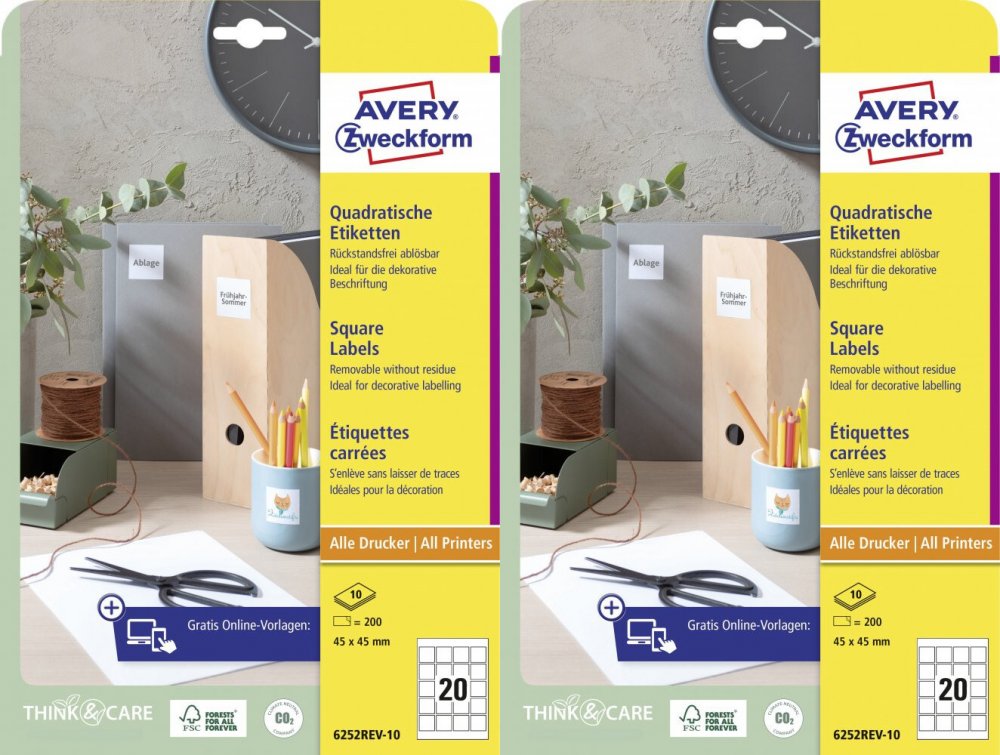 2x Etykiety samoprzylepne usuwalne Avery Zweckform, kwadratowe, 45x45mm, 200 sztuk, biały