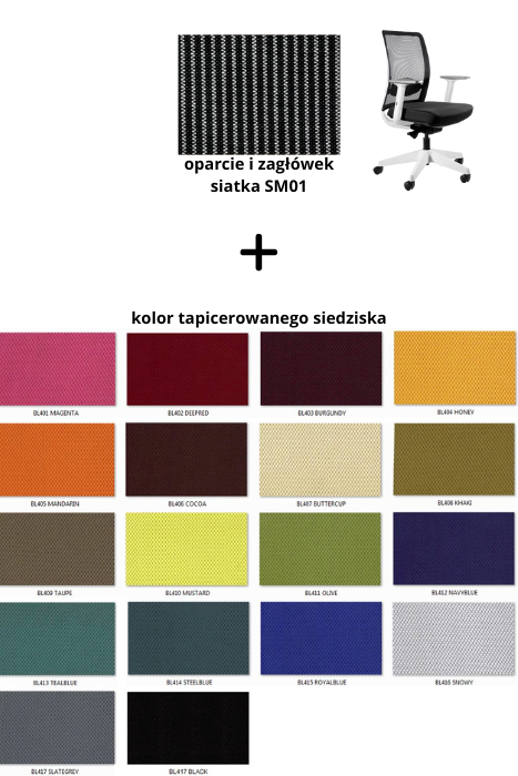 ANGGUN M fotel biurowy biały, siatka/tkanina lub skóra naturalna (Siatka: SM01, Kolor siedziska: BL410)