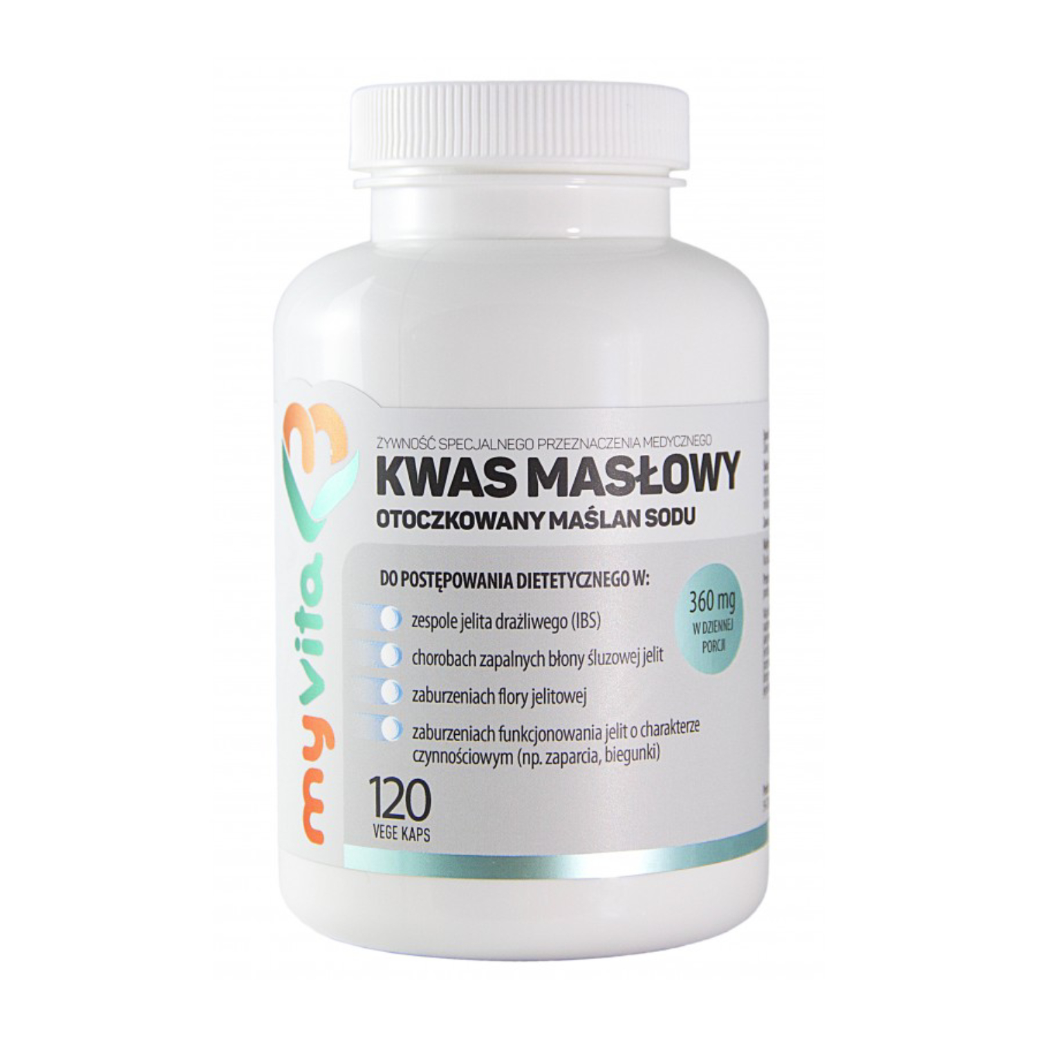 Myvita kwas masłowy, otoczkowany maślan sodu 360 mg, 120 kapsułek