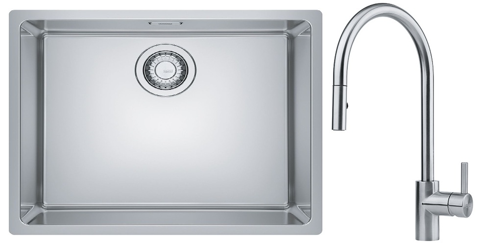 Zestaw Franke Maris zlewozmywak stalowy 50x40 cm z baterią kuchenną Eos Neo jedwab/ stal szlachetna (1220543996, 1150590045) - Wysyłka w 24h