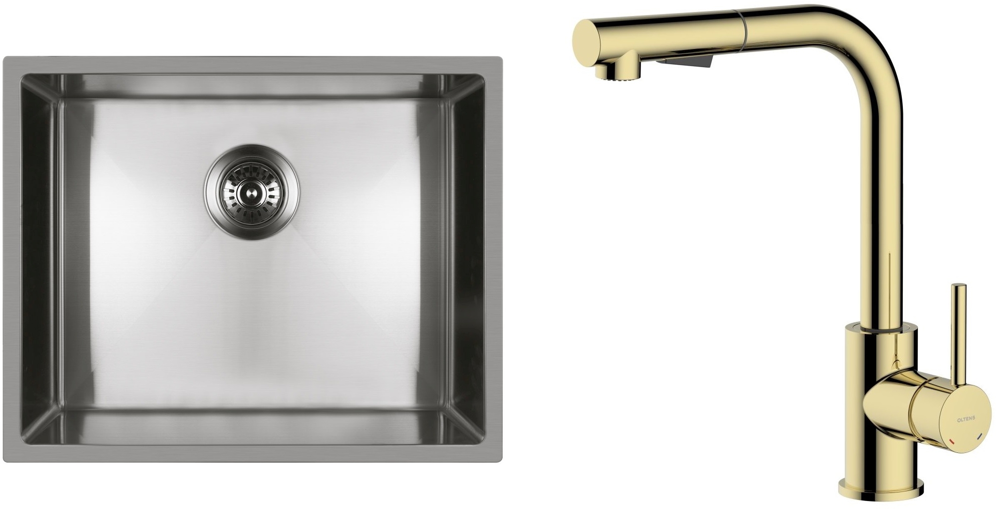 Zestaw Oltens Stalvask zlewozmywak stalowy 54x44 cm z baterią kuchenną Myvat stal polerowana/złoty połysk (71101100, 35205800) - Wysyłka w 24h