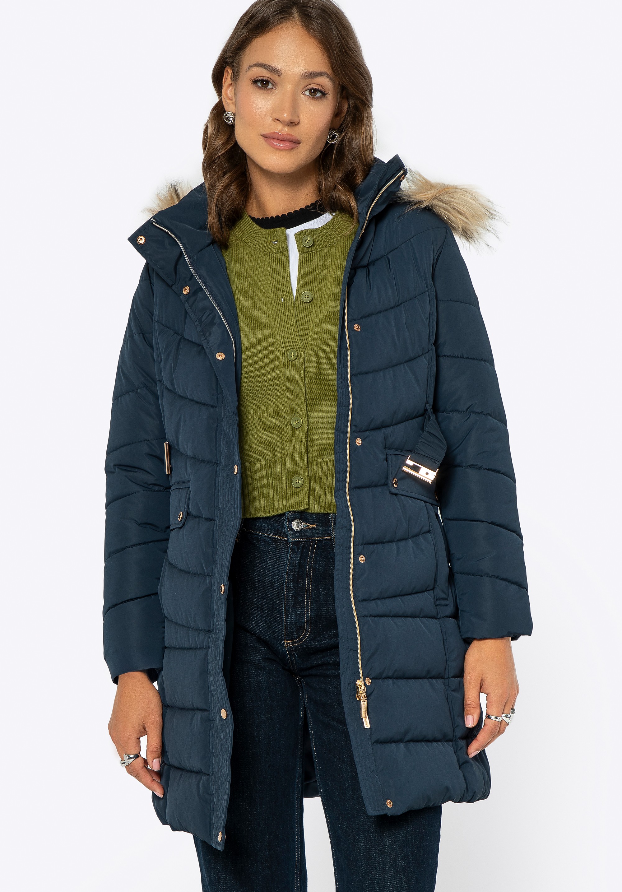 Kurtka damska pikowana z kapturem granatowa