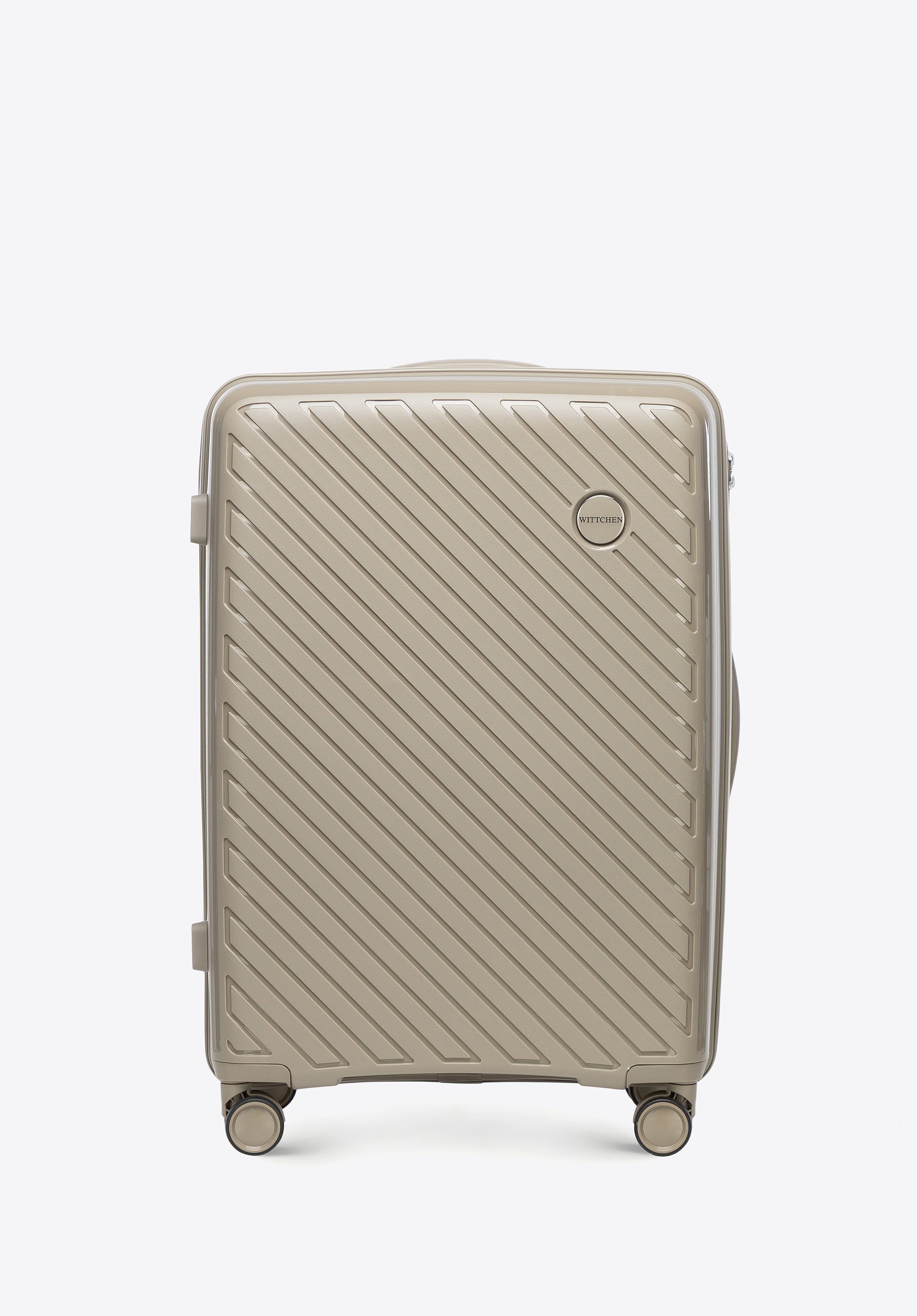 Średnia walizka z polipropylenu w tłoczone paski ciemny beż