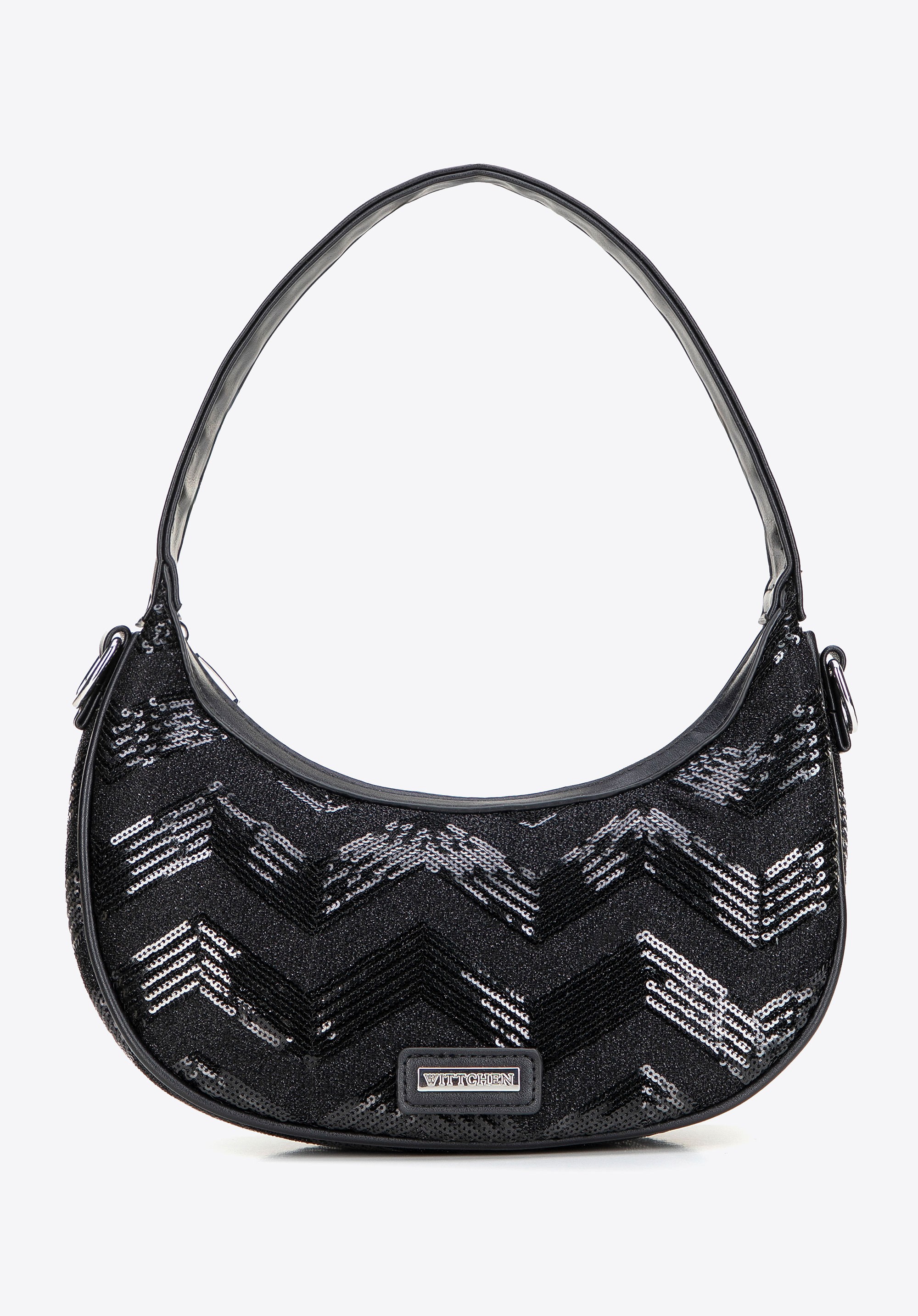 Półokrągła listonoszka z imitacji skóry z cekinami czarna