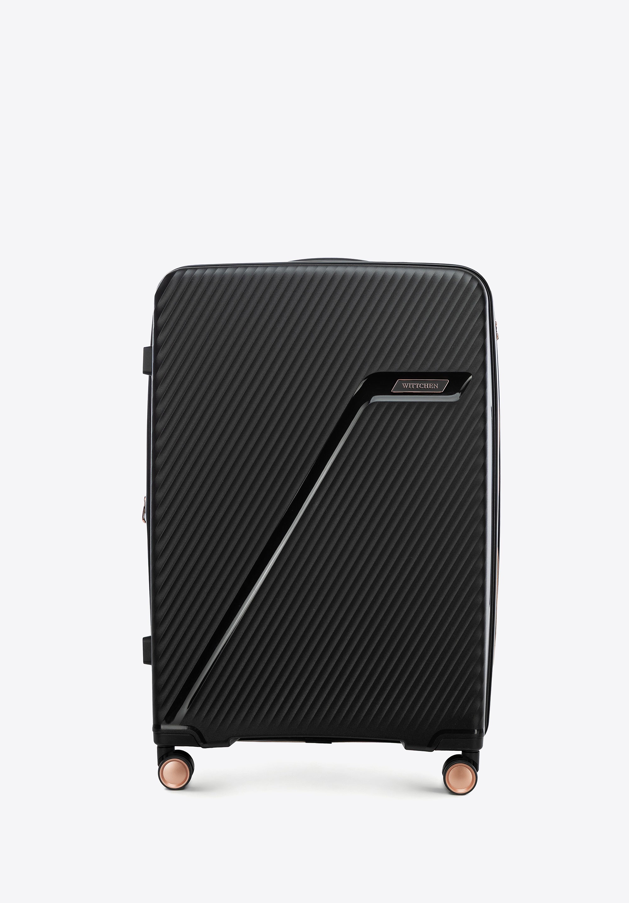 Duża walizka z polipropylenu w ukośne pasy czarno - złota