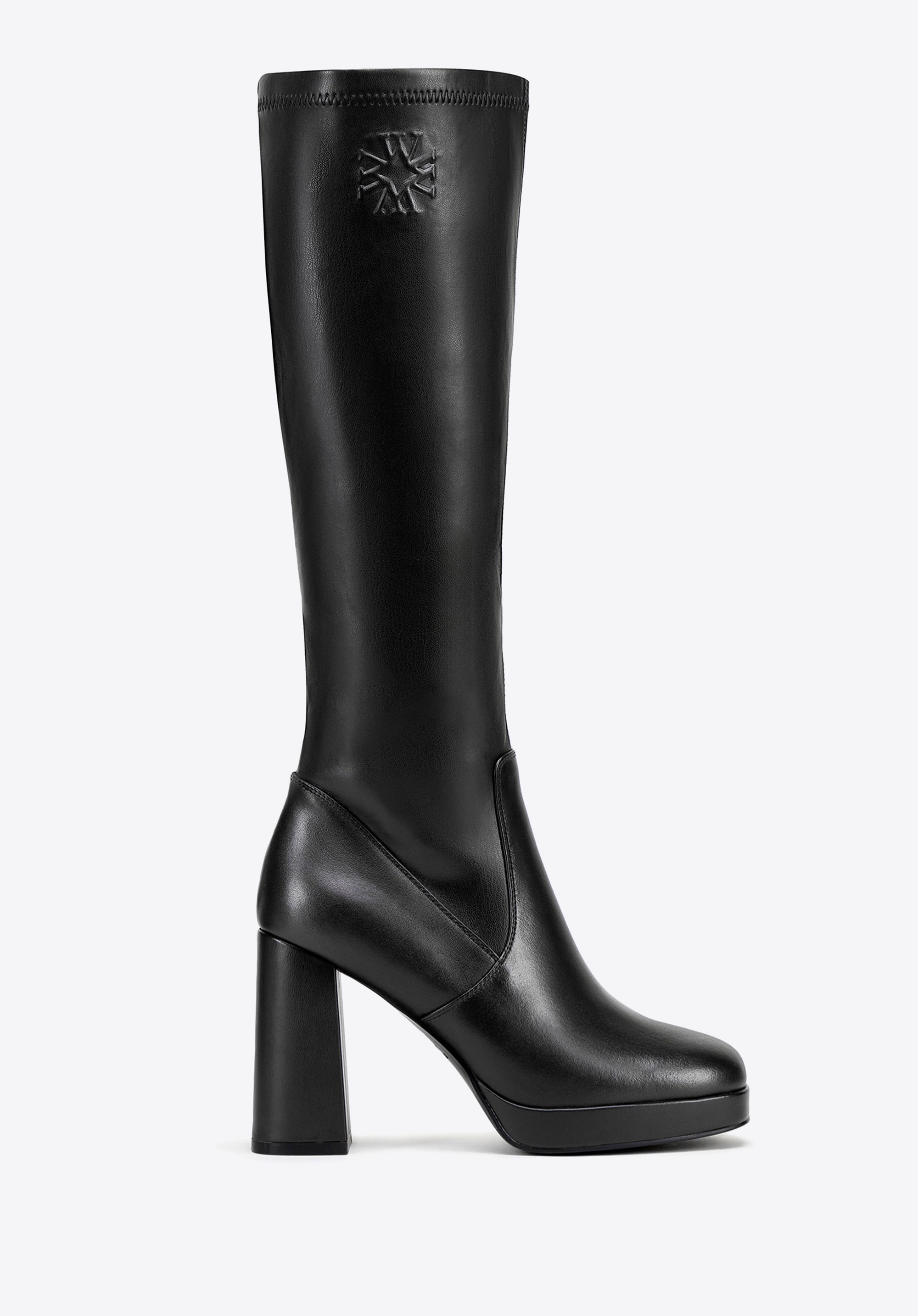 Damskie kozaki skórzane z tłoczonym monogramem czarne