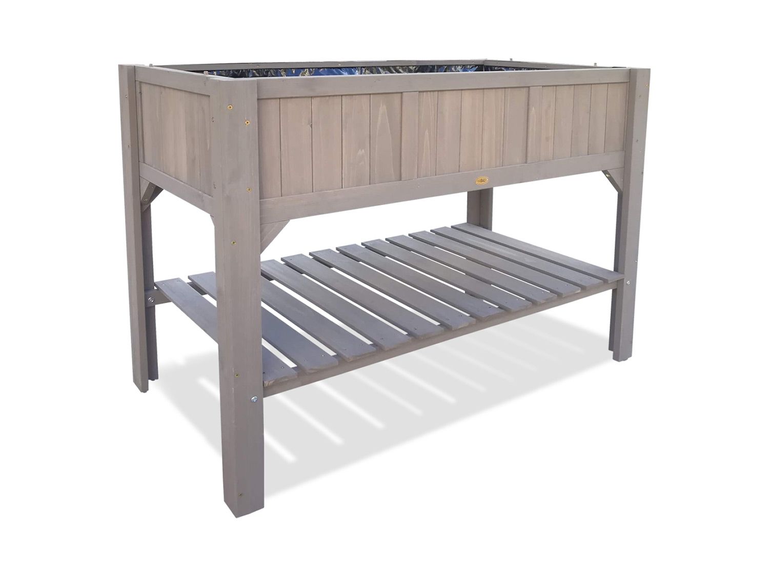 Habau Podwyższona grządka z półką, z folią do sadzenia, 117 x 90 x 59 cm, stabilna konstrukcja drewniana Ciemnoszary