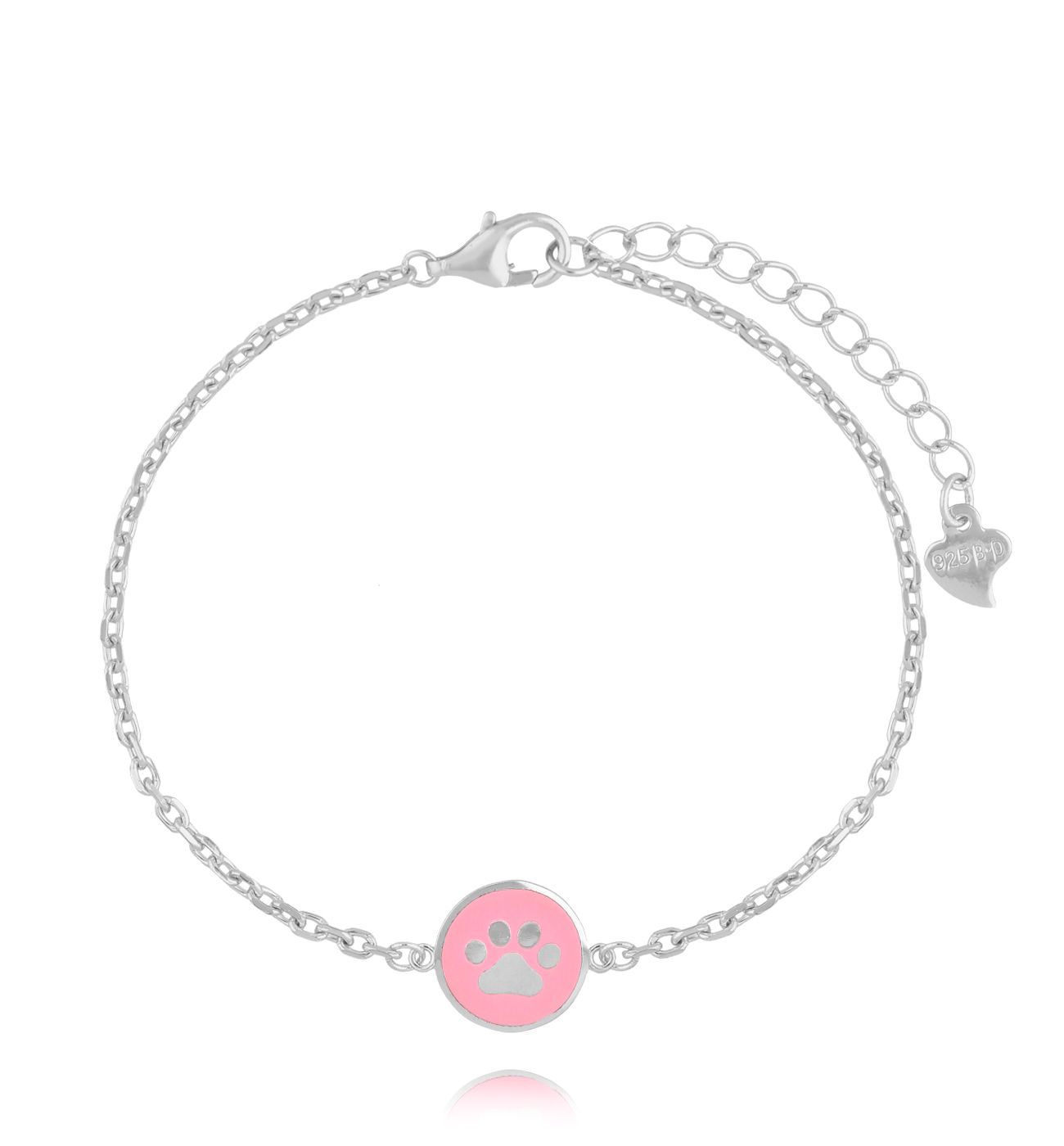 Bransoletka srebrna z łapką i różową emalią BCA0007