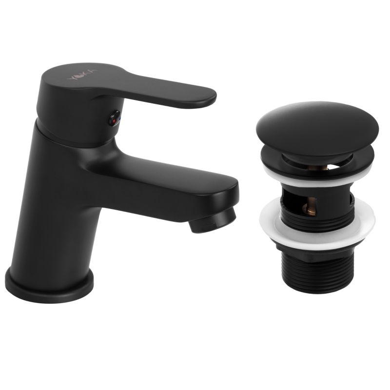 Bateria umywalkowa ASTAT - YOKA w komplecie z automatycznym korkiem klik klak z przelewem czarna loft - 1 szt.