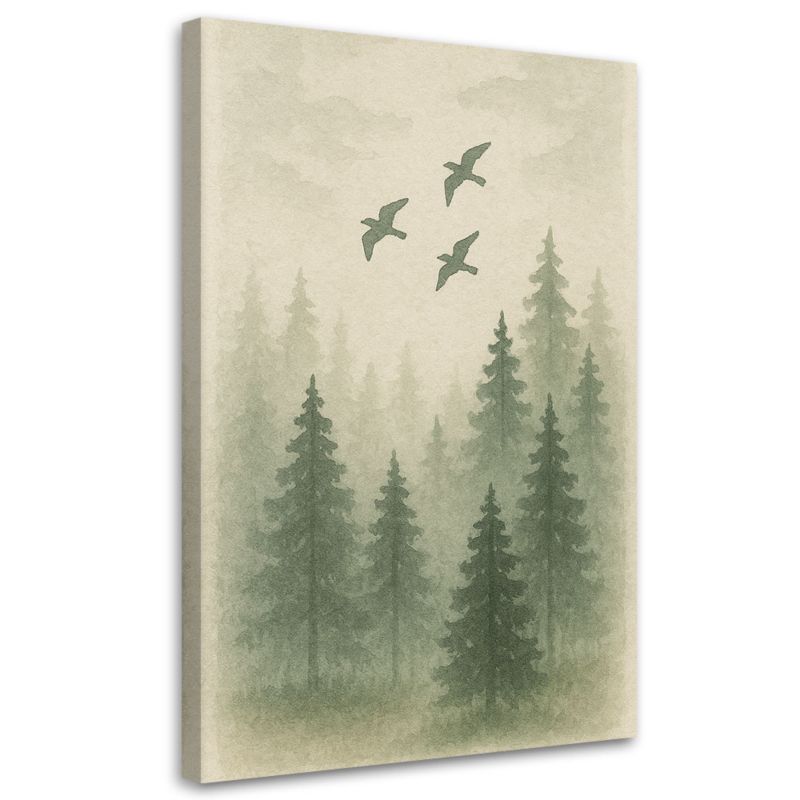 Obraz Japandi Feeby Sosny Ptaki Las Akwarela Zielony Naturalny 70x100cm 1szt