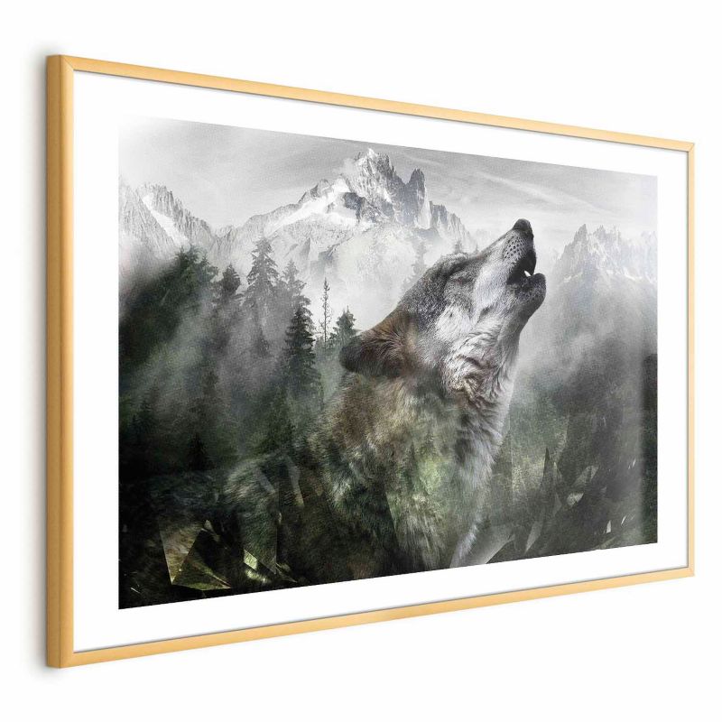 Plakat Artgeist Wyjący wilk 30x21 cm z ramą złotą z marginesem 1 szt