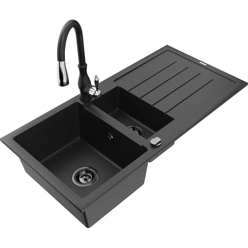 Zlewozmywak granitowy 1.5-komorowy Mexen Andres z ociekaczem i baterią kuchenną Savita czarny/złoty - 6515-75-672601-70-B 1 szt.