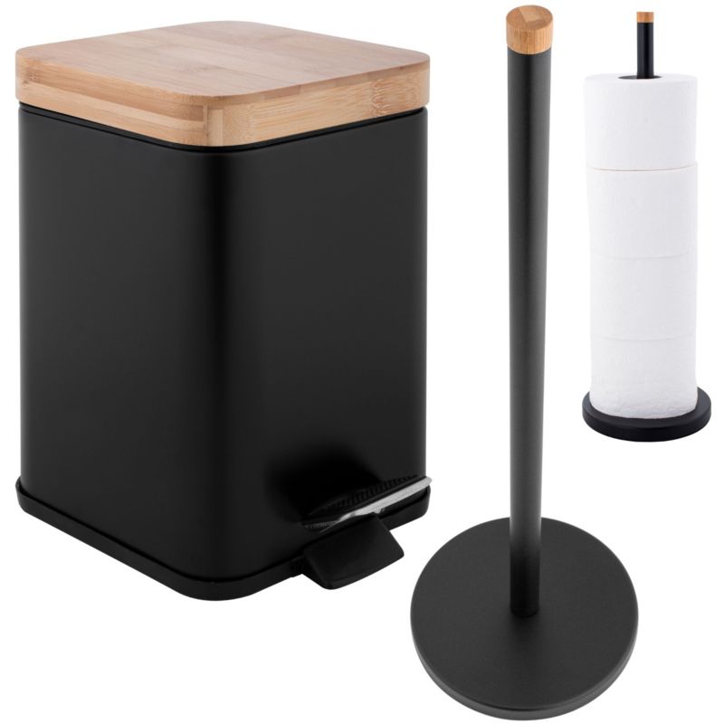 Zestaw Yoka Home: Kosz na śmieci Stojak na papier toaletowy czarny bambus - 1 szt.