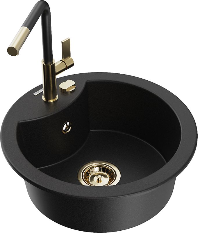 Zlewozmywak granitowy Mexen Diego 1-komorowy z baterią kuchenną Flora czarny 6512-77-670401-57-G