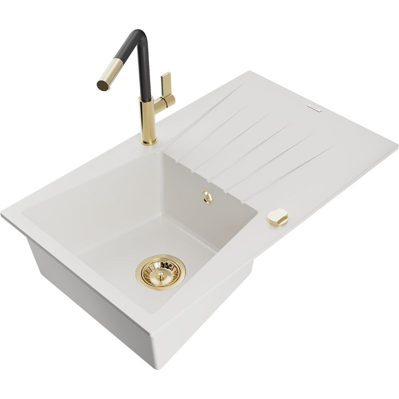 Zlewozmywak granitowy 1-komorowy Mexen Cesar z ociekaczem i baterią kuchenną Flora biały 6514-20-670401-57-G