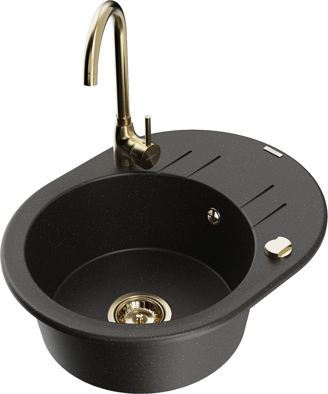 Zlewozmywak granitowy Mexen Kevin 1-komorowy z ociekaczem i baterią kuchenną Telma czarny/złoty 6517-75-670200-50