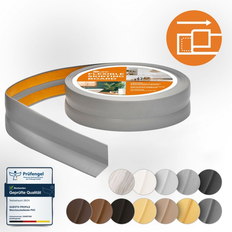Listwa wykończeniowa PCV 18x18mm, QUEST, samoprzylepna, elastyczna, miękka taśma dekoracyjna, szary, 10m