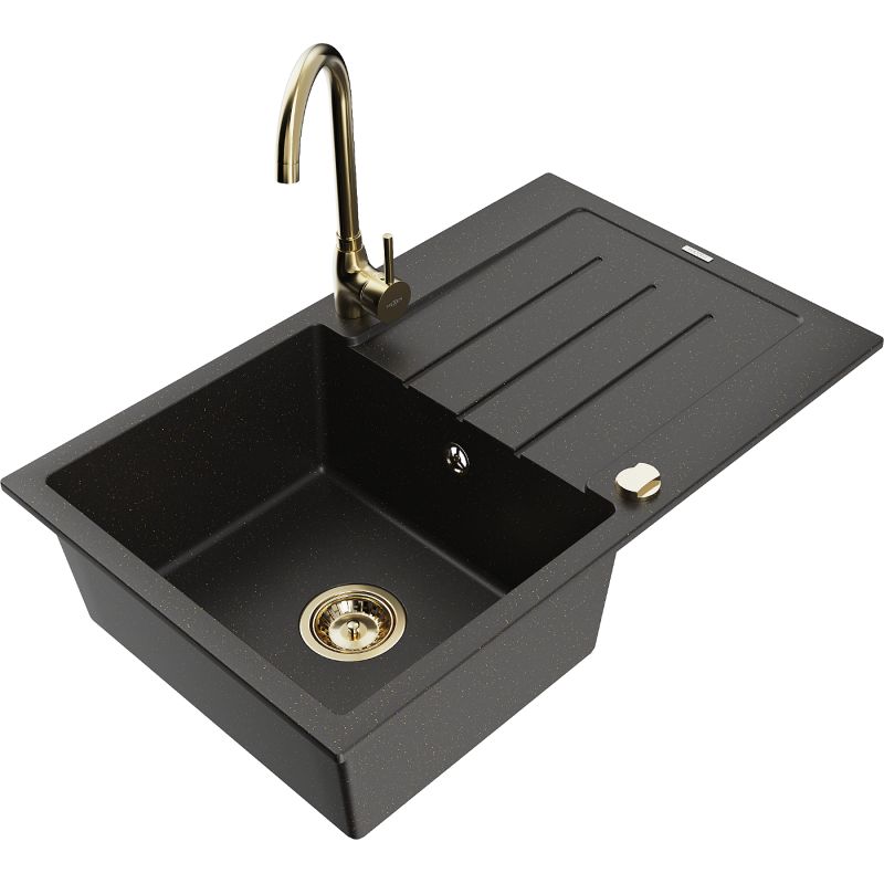 Zlewozmywak granitowy 1-komorowy Mexen Bruno z ociekaczem i baterią kuchenną Telma czarny/złoty 6513-75-670200-50
