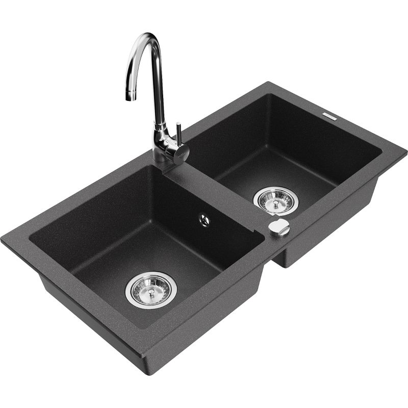 Zlewozmywak granitowy 2-komorowy Mexen Mario z baterią kuchenną Telma czarny nakrapiany 6504-76-670200-00