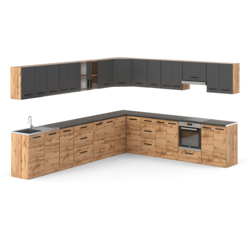 Zestaw Kuchenny Hurtownia-Mebli Z Blatem Kuchnia narożna Rossa 680cm Dąb Wotan Szary Mat/Dąb Wotan 680x47x145 cm 1szt.