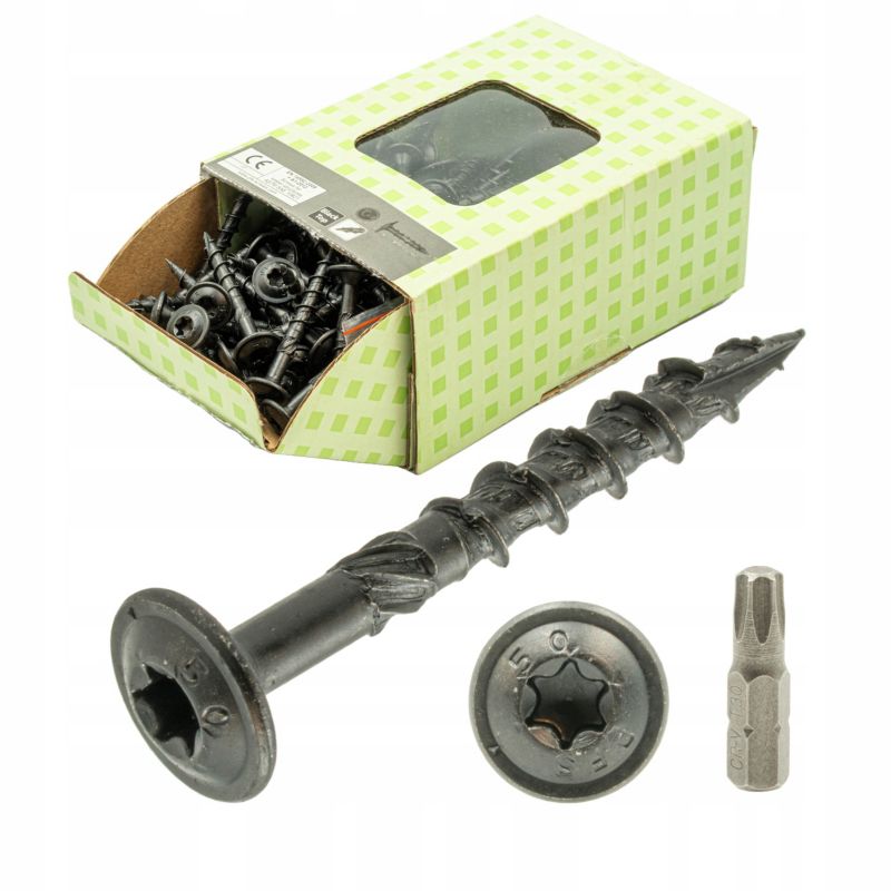 Wkręty PGB do drewna 6x40 mm talerzowe czarne + Bit 100 szt.