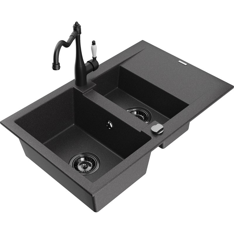 Zlewozmywak granitowy 1.5-komorowy Mexen Gaspar z ociekaczem i baterią Carla czarny nakrapiany - 6507-76-670700-50 1 szt.