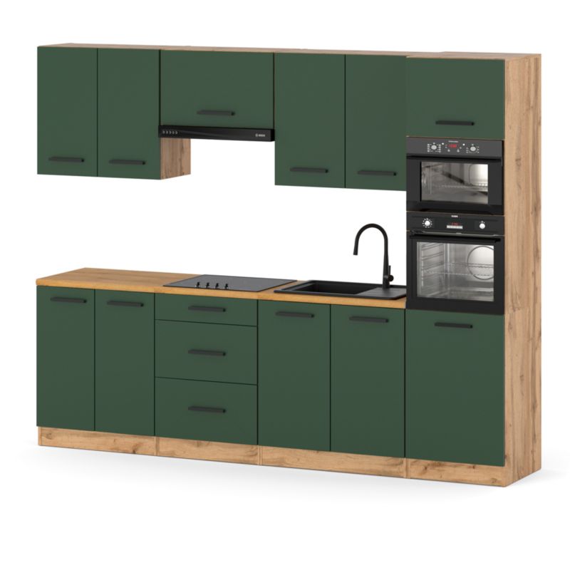 Zestaw Kuchenny Hurtownia-Mebli Z Blatem Kuchnia Marra 260cm Dąb Wotan Butelkowa Zieleń 260x47x217 cm 1szt.