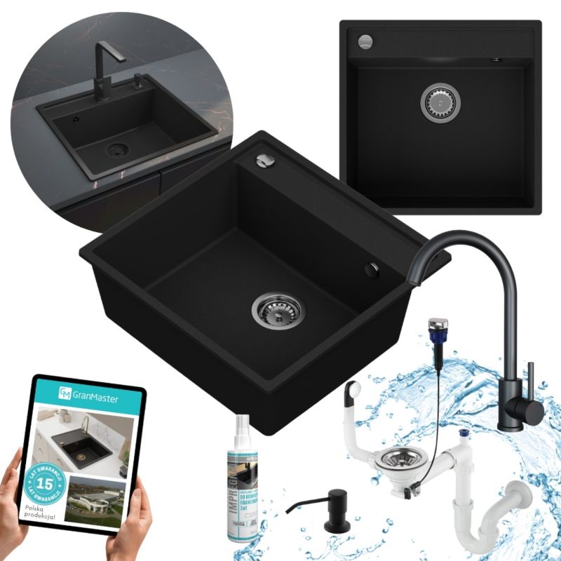 Zestaw zlewozmywak kuchenny GranMaster Magma 1-komorowy, baterią, impregnatem i dozownikiem płynu, czarny metalik 1szt.