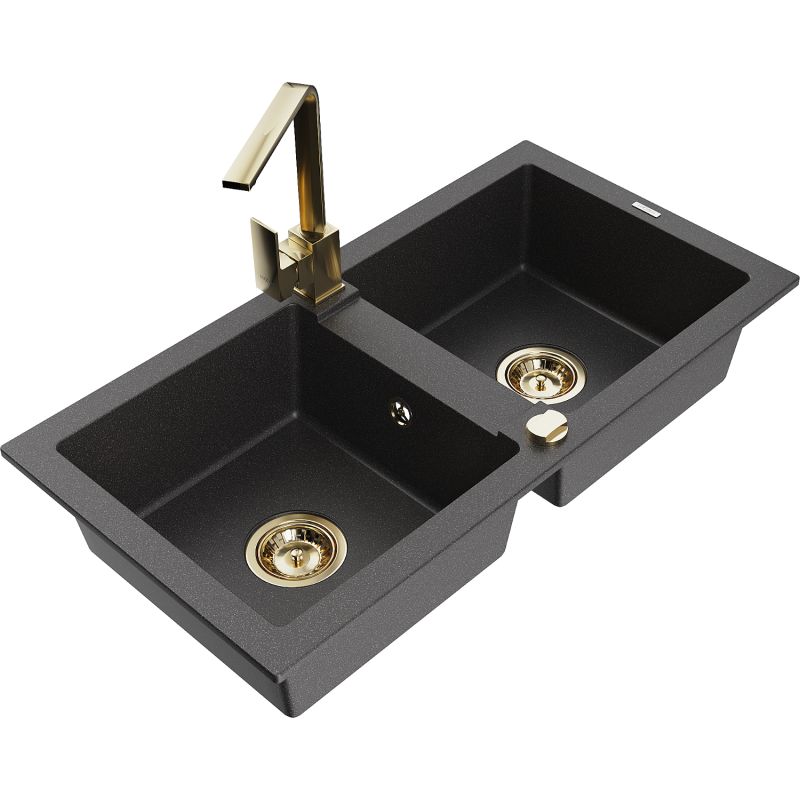 Zlewozmywak granitowy 2-komorowy Mexen Mario z baterią kuchenną Rita czarny nakrapiany 6504-76-670300-50