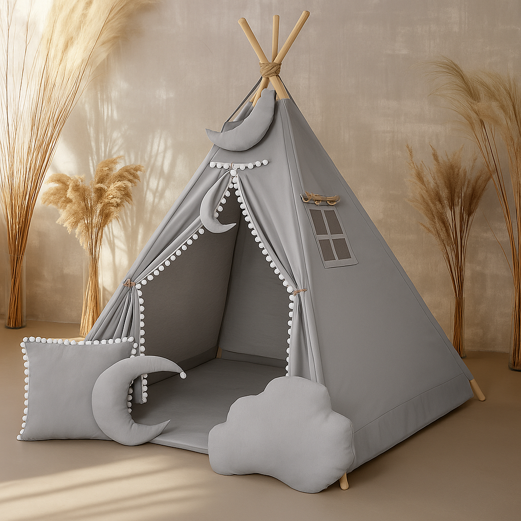 Zestaw namiot tipi szary z pomponami i matą + poduszki al