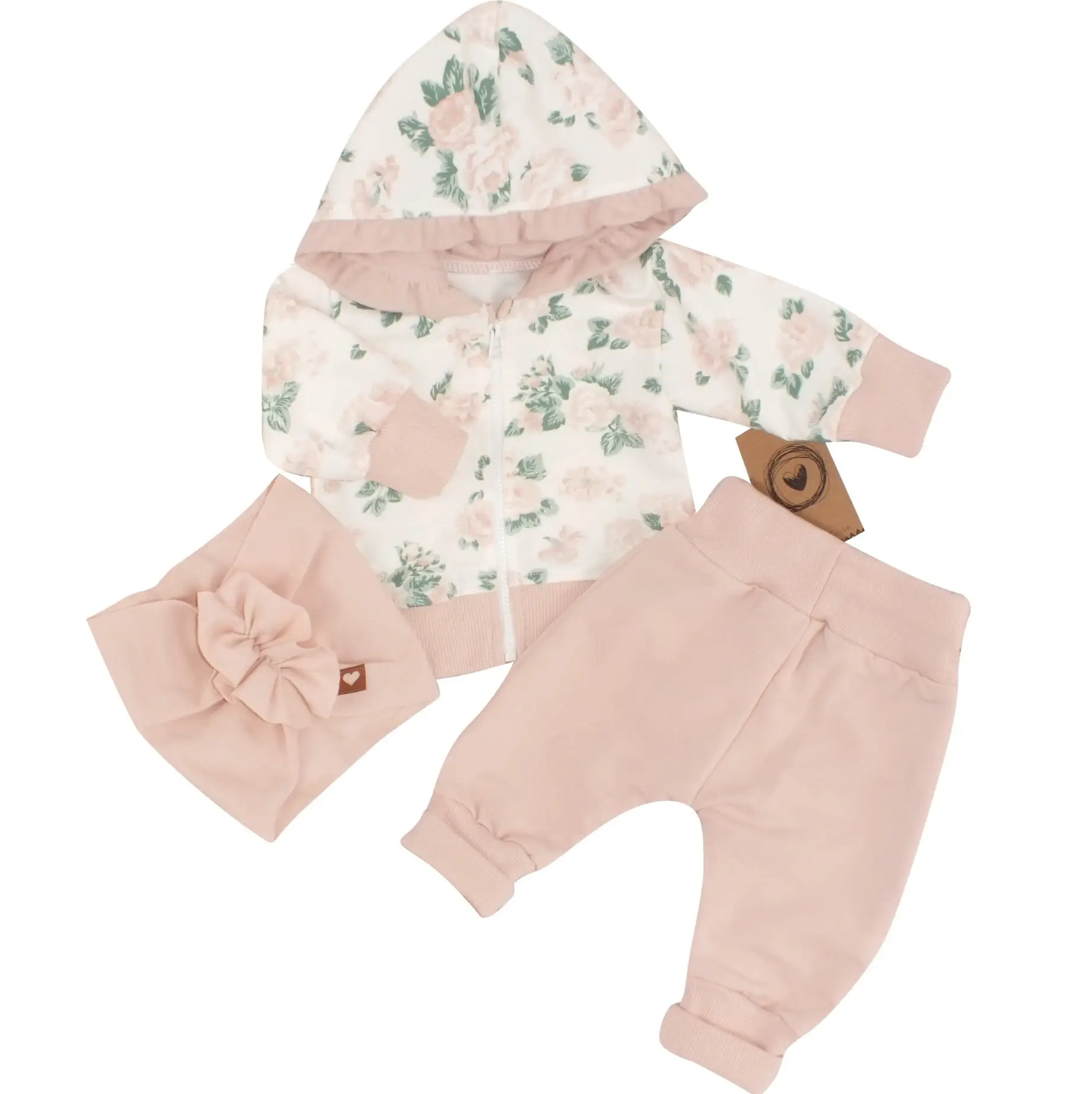 BAWEŁNIANY ZESTAW DRESIK DZIECIĘCY 3 CZEŚCIOWY RÓŻE RÓŻOWE ZZ - 86