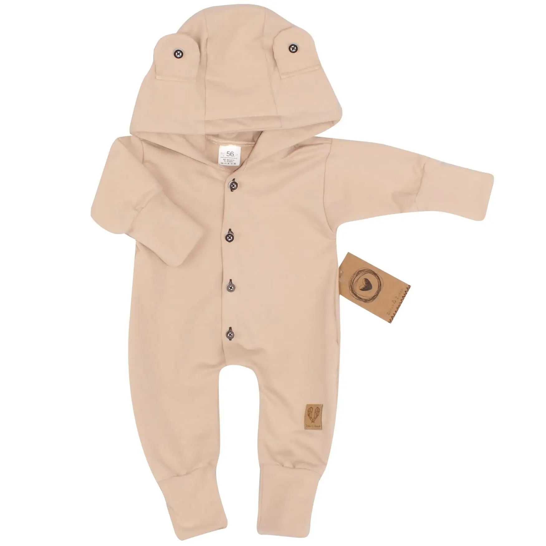 BAWEŁNIANY DRESOWY KOMBINEZON Z KAPTUREM PAJAC BEŻOWY Z GUZIKAMI ZZ - 56