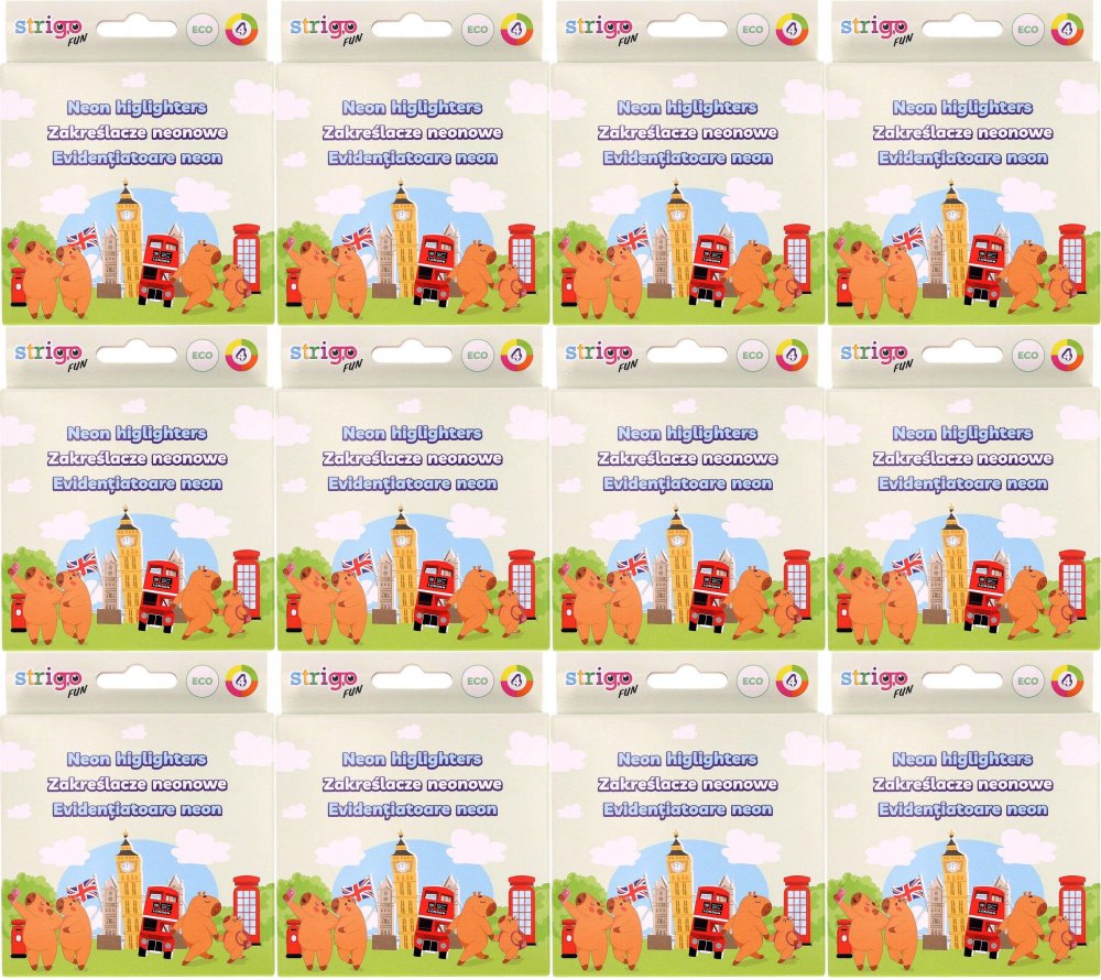 12x Zakreślacze Strigo Capybara Eko, ścięta, 1-5mm, 4 sztuki, mix kolorów neonowych