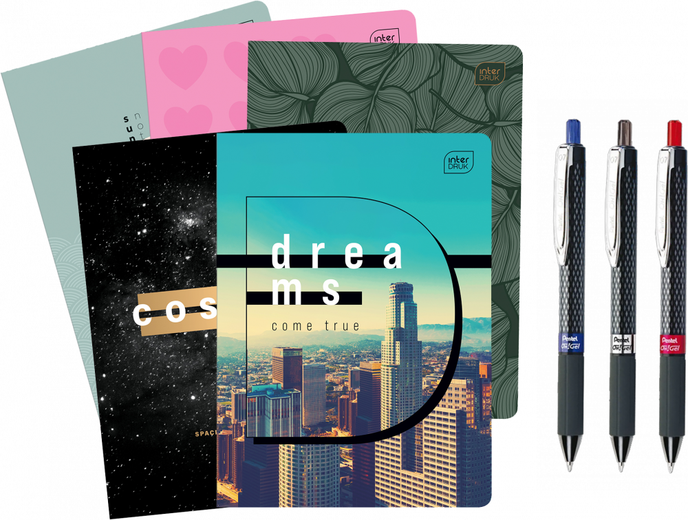 Zestaw 5x zeszyt w kratkę Interdruk, A5, miękka oprawa, 80 kartek + 3x Pióro żelowe automatyczne Pentel, OH! Gel K497