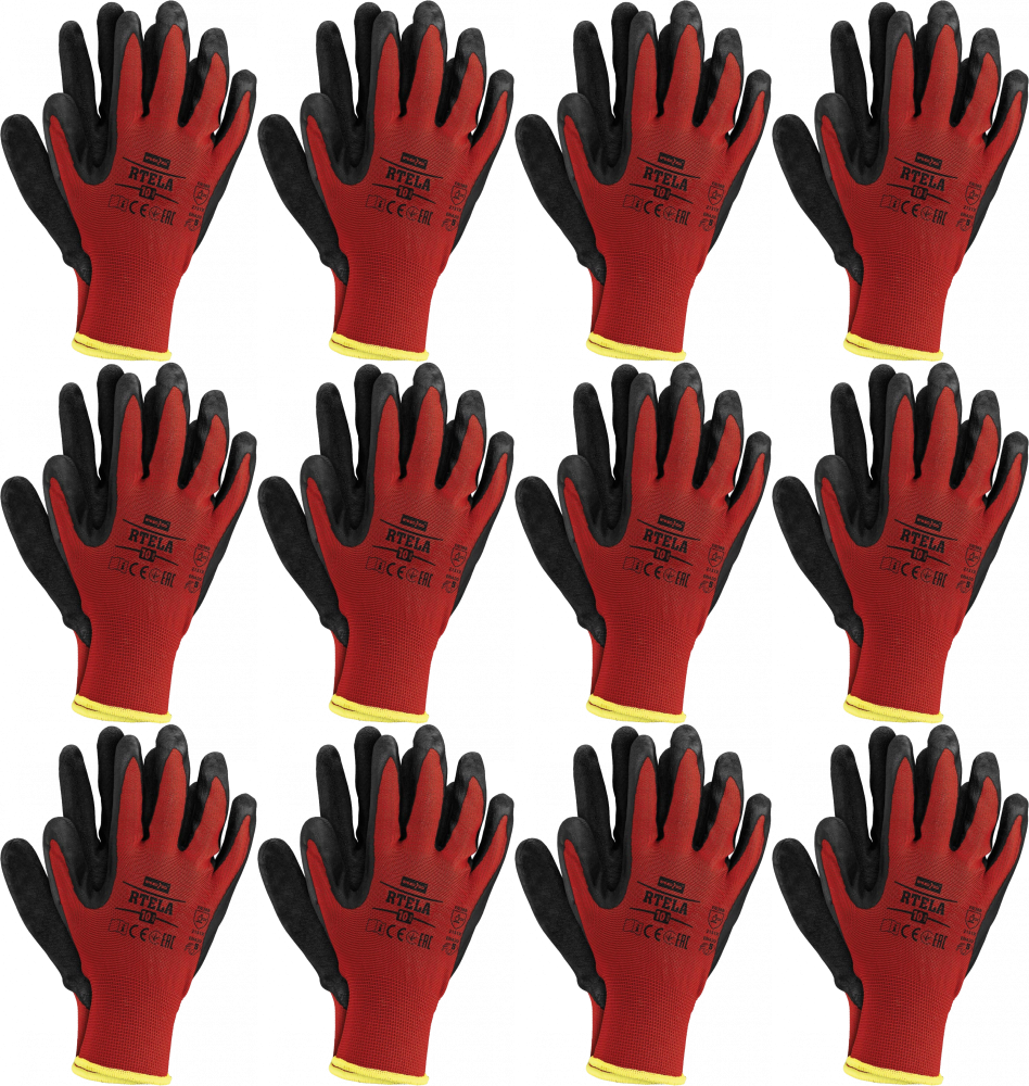 12x Rękawice robocze Reis Rtela, powlekane, rozmiar 10, czerwono-czarny