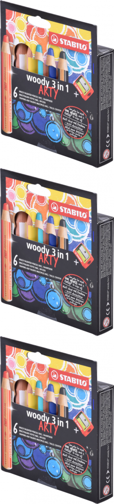3x Kredki Stabilo Woody 3 w 1 Arty, z temperówką, 6 sztuk, mix kolorów