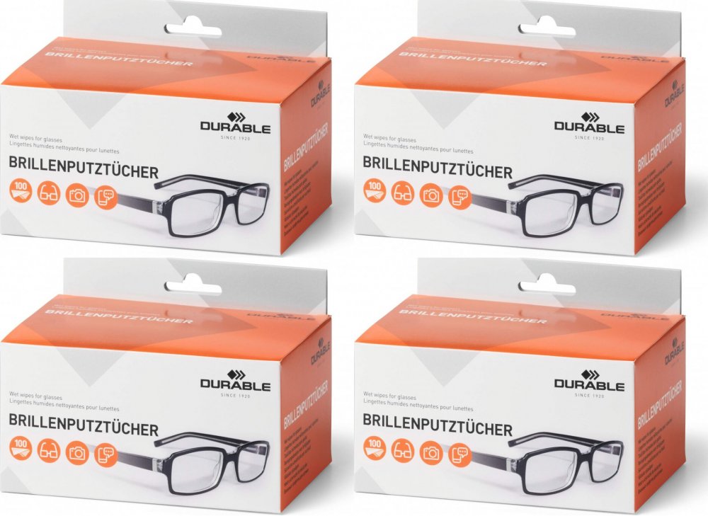 4x Ściereczki nasączane do okularów Durable, 100 sztuk
