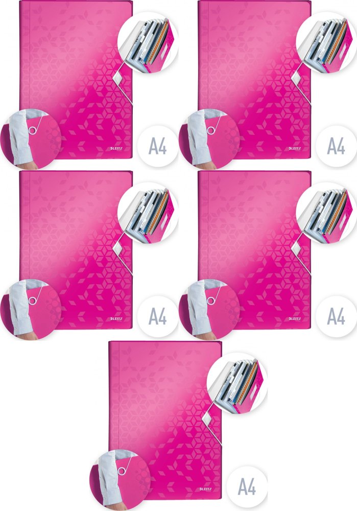 5x Teczka z przegródkami Leitz Wow, A4, 6 przegródek, różowy